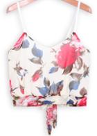 Romwe Spaghetti Strap Floral Knotted White Cami Top