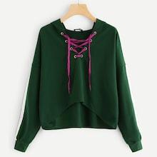 Romwe Lace Up Front Striped Sleeve Hoodie