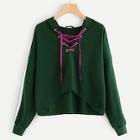 Romwe Lace Up Front Striped Sleeve Hoodie