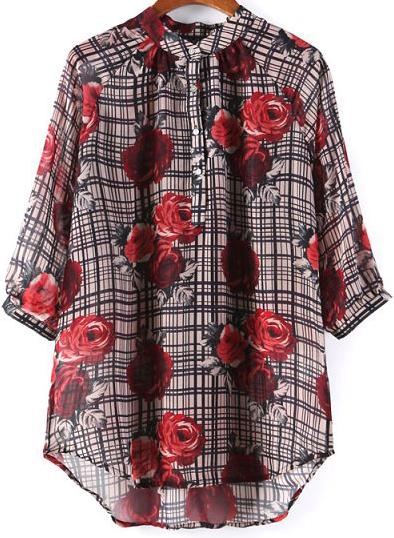 Romwe Black Half Sleeve Floral Print Blouse