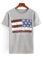 Romwe Stars And Stripes Print T-shirt - Grey