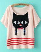 Romwe Striped Cat Embroidered Pink T-shirt