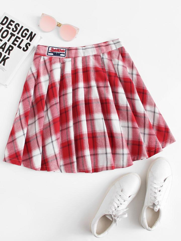 Romwe Patch Detail Checked Pleated Skirt