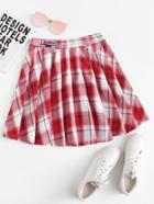 Romwe Patch Detail Checked Pleated Skirt