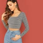 Romwe Square Neck Striped Crop Tee