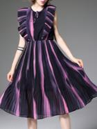 Romwe Black Contrast Pink Ruffle Pleated A-line Dress