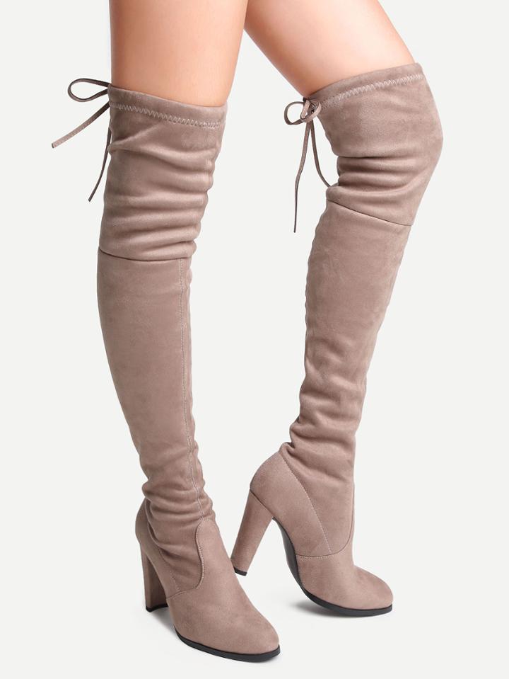 Romwe Apricot Faux Suede Point Toe Lace Up Over The Knee Boots