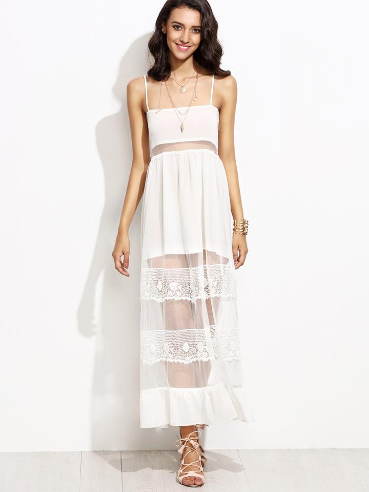 Romwe White Spaghetti Strap Lace Mesh Dress