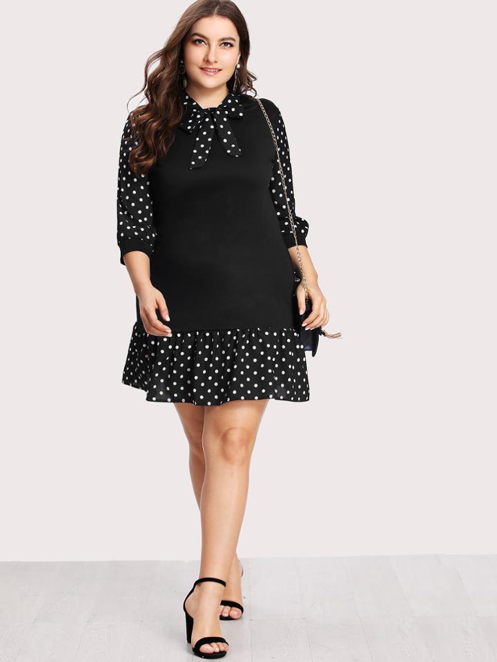 Romwe Tie Neck Pep Hem Spot Dress