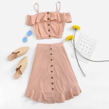 Romwe Open Shoulder Ruffle Trim Top With Shorts