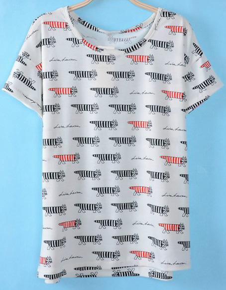 Romwe Cats Print Loose T-shirt