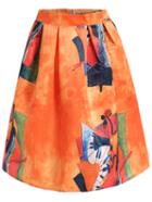 Romwe With Zipper Abstract Print Flare Skirt