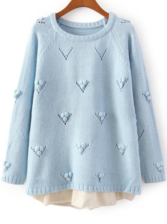 Romwe Twisted Ball Embellished Blue Sweater