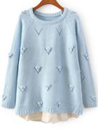 Romwe Twisted Ball Embellished Blue Sweater