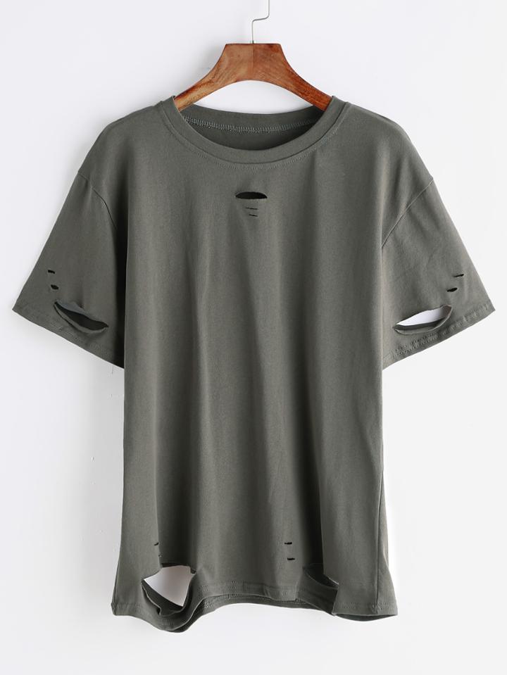 Romwe Army Green Drop Shoulder Ripped T-shirt
