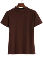 Romwe Women Mock Neck Brown T-shirt