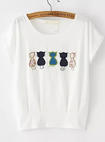 Romwe Five Cat Pattern Patch T-shirt
