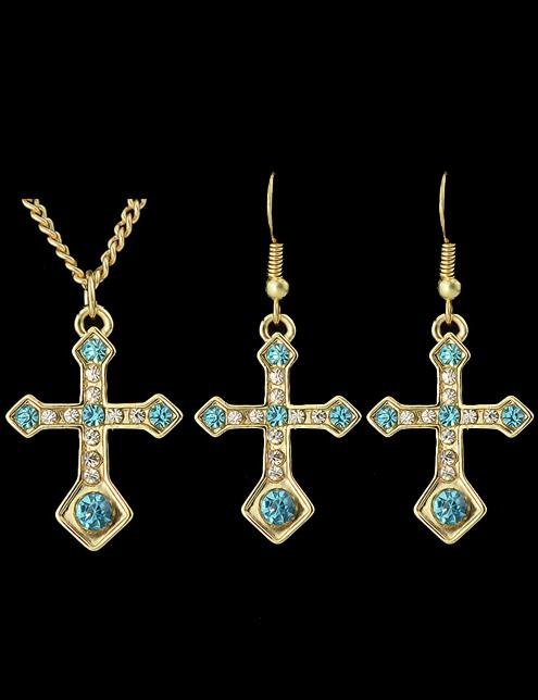 Romwe Blue Diamond Gold Cross Necklace With Earrings