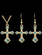 Romwe Blue Diamond Gold Cross Necklace With Earrings