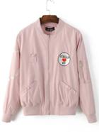 Romwe Pink Embroidered Patch Bomber Jacket