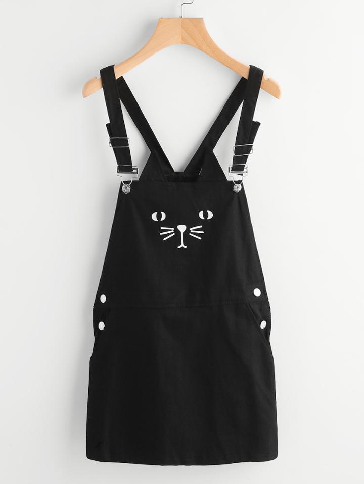 Romwe Cat Print Denim Pinafore Dress