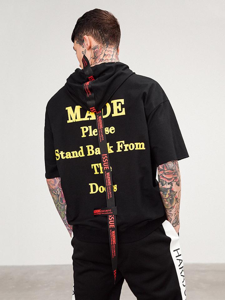 Romwe Men Letter Tape Detail Printed Back Hooded Tee