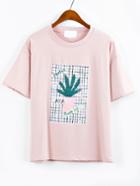Romwe Cactus Print Drop Shoulder T-shirt - Pink