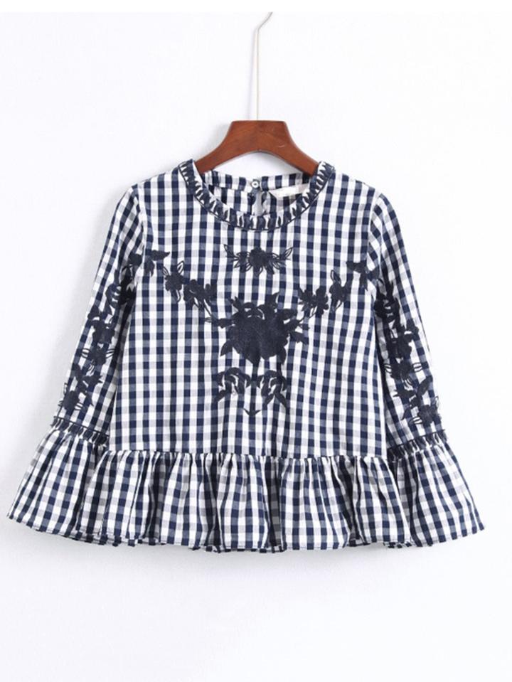 Romwe Embroidered Flower Plaid Peplum Blouse