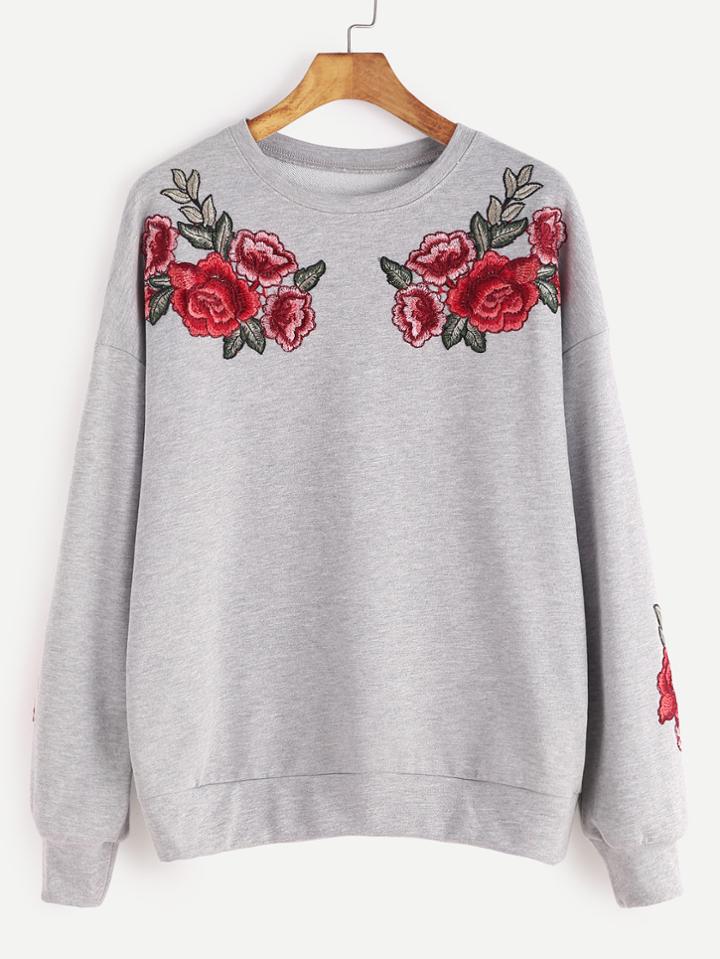 Romwe Heather Grey Drop Shoulder Rose Embroidered Sweatshirt
