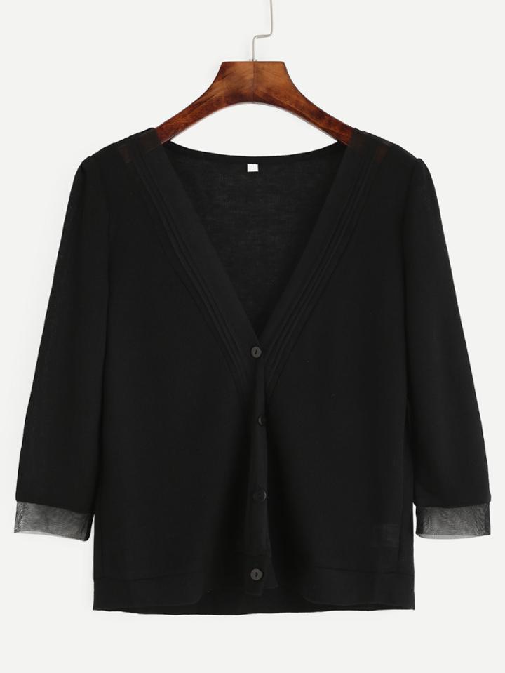 Romwe Black V Neck Contrast Cuff Cardigan