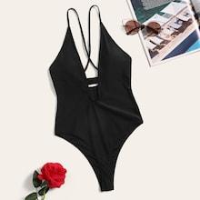 Romwe Crisscross Back Plunge Neck One Piece Swimsuit