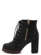 Romwe Black Lace Up Side Zipper Chunky Heels Ankle Boots