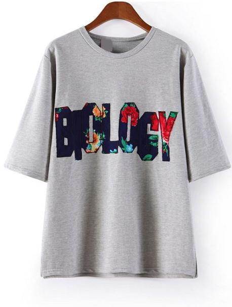 Romwe Biology Embroidered Loose Grey T-shirt