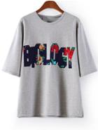 Romwe Biology Embroidered Loose Grey T-shirt