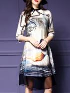 Romwe Multicolor Collar Contrast Organza Print Dress