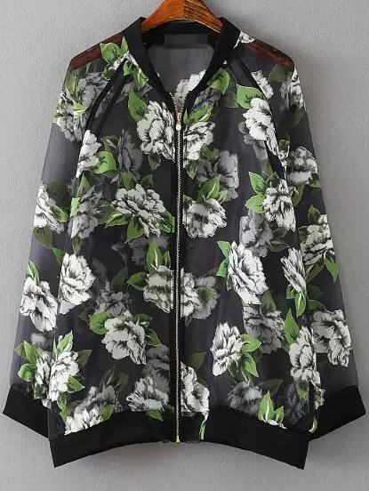 Romwe Contrast Collar Floral Print Organza Coat