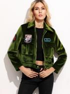 Romwe Olive Green Embroidered Patches Suede Jacket