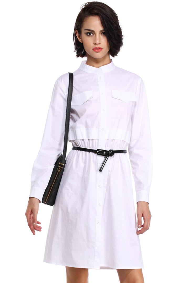 Romwe Romwe Elastic Waist White Long-sleeved Dress