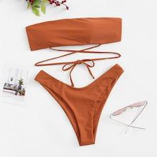 Romwe Plain Self Tie Bandeau With High Leg Bikini