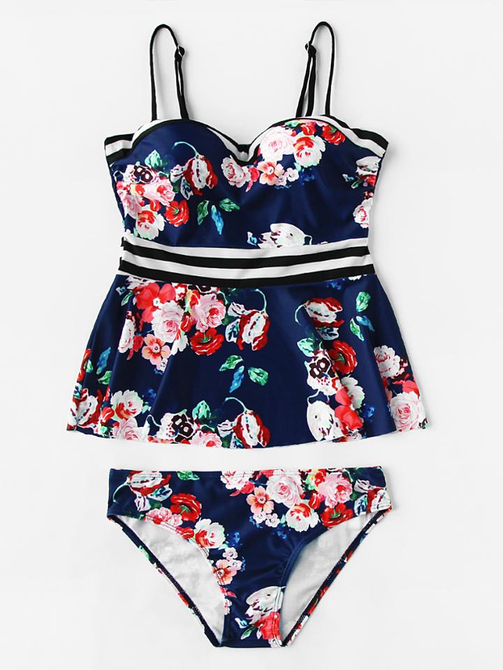 Romwe Calico Print Open Back Peplum Tankini Set