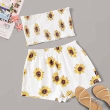 Romwe Sunflower Print Shirred Bandeau With Shorts