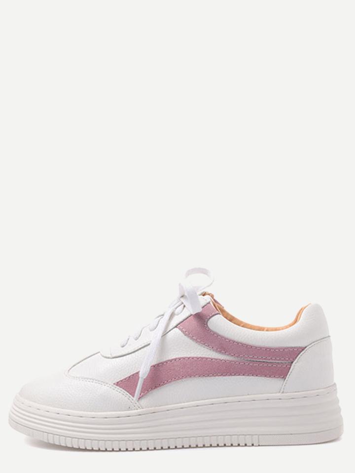 Romwe White And Pink Faux Leather Lace Up Low Top Sneakers