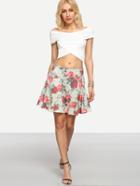 Romwe Multicolor Cross Wrap Crop Top With Rose Print Skirt