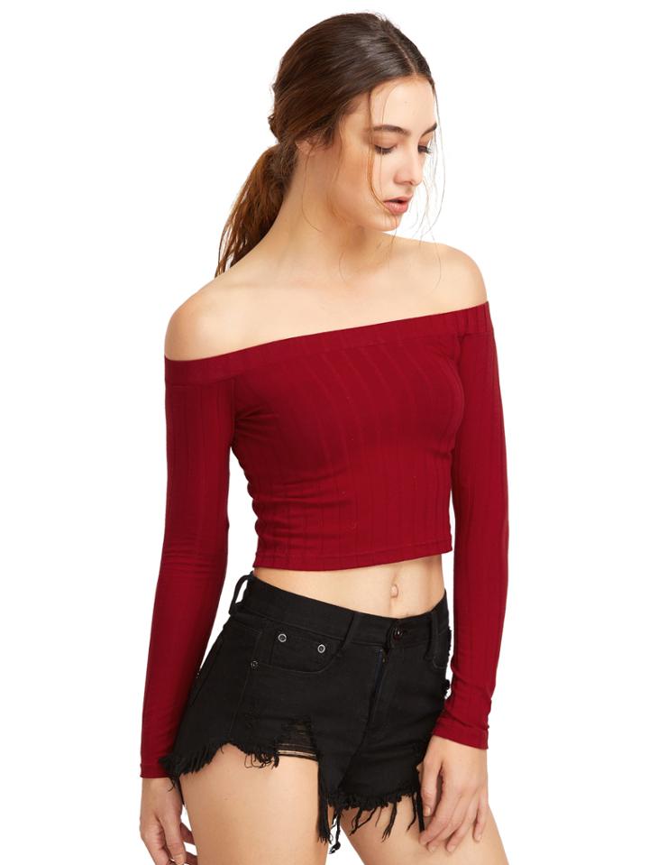Romwe Burgundy Off The Shoulder Crop T-shirt