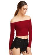 Romwe Burgundy Off The Shoulder Crop T-shirt