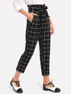 Romwe Self Belted Frilled Waist Grid Pants