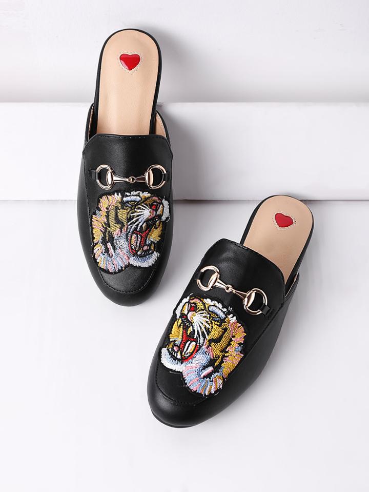 Romwe Tiger Embroidery Metal Detail Flat Mules