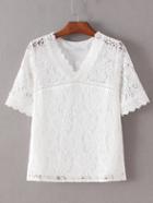 Romwe White V Neck Crochet Lace Blouse