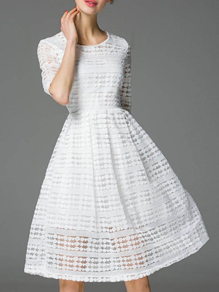 Romwe White Crew Neck A-line Lace Dress