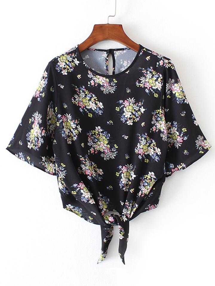 Romwe Bell Sleeve Knot Front Floral Top
